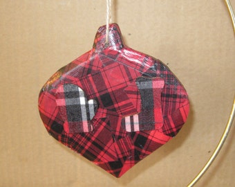 Red Plaid Washi Tape Decoupaged Wooden Christmas Ornament with Mitten and Stocking