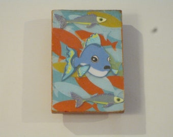 Orange, Blue and Yellow Decoupage Fish Painted Wooden Rectangle Magnet