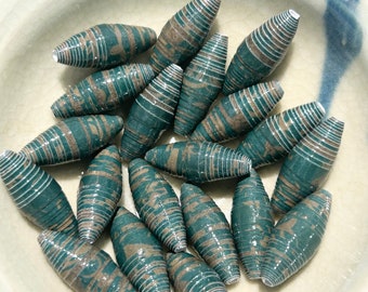 Teal-tastic Handmade Rolled Paper Oval Beads 1 Inch: Set of 20