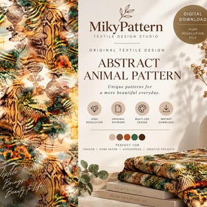 Pode incluir: Um download digital com um padrão animal abstrato com texturas de pele de cobra em tons de laranja, marrom, verde e preto. O gráfico inclui o texto MikyPattern, Abstract Animal Pattern e ícones de alta resolução e download.