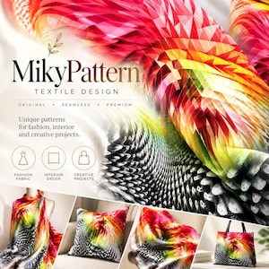 Peut inclure: Un affichage de design textile avec le texte MikyPattern Textile Design, Original, Seamless, Premium, et Unique patterns for fashion, interior and creative projects. L'image montre un motif de tissu abstrait, vibrant et multicolore.
