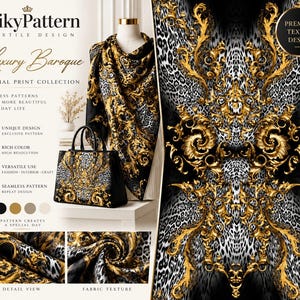 Puede incluir: Un diseño textil con un estampado animal de leopardo en negro, blanco y gris superpuesto con intrincados y ornamentados adornos barrocos dorados. El patrón se muestra en una tela drapeada, un bolso estructurado y un fondo gráfico plano.