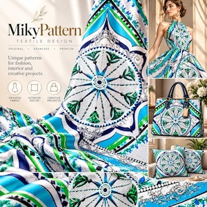Pode incluir: Um design têxtil da MikyPattern com uma estampa geométrica vibrante estilo mandala em azul, verde e branco. O padrão é exibido em tecido, um vestido, uma bolsa e duas almofadas quadradas, demonstrando a sua aplicação versátil.
