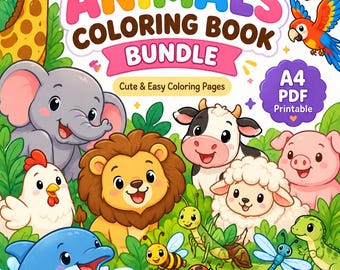 Pode incluir: Uma capa de livro de colorir digital intitulada Complete Animals Coloring Book Bundle com ilustrações coloridas de girafa, macaco, elefante, leão, vaca, porco, ovelha, galinha, golfinho, tartaruga, caranguejo e vários insetos.