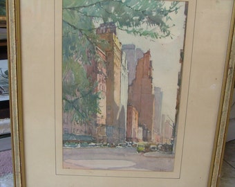 NEW YORK CITY Print Of 1930s - 1940s Watercolor Painting of Sixth Avenue Central Park Cafe De La Paix