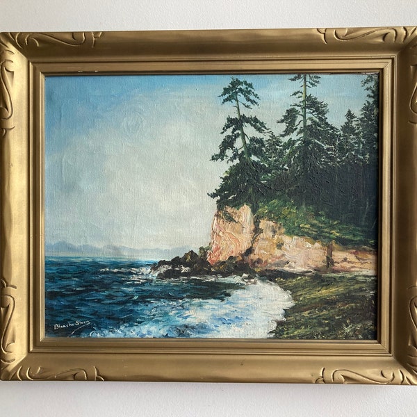 Vintage Coastal By Blanche Steen Bluff With Trees On Top And Off Shore Rocks Maybe Northern California Or Oregon