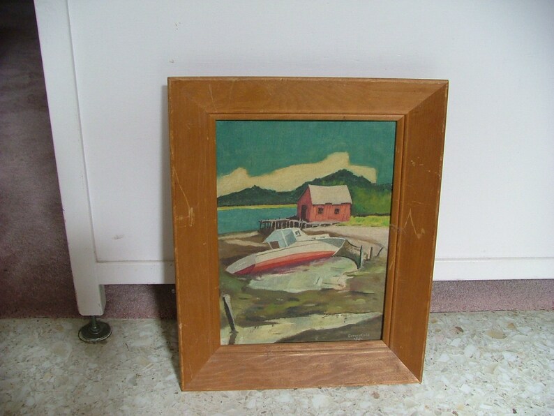 Vintage Midcentury 1958 Painting Red and White BOAT ON SHORE | Etsy