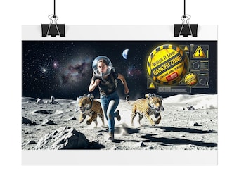 May include: A poster featuring a person in a space helmet running on the moon with two jaguars wearing space helmets. A yellow circular sign reads Watch It Live! DANGER ZONE Starring John Ordover with a YouTube logo and warning icons.