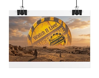 May include: A wall art print featuring a desert landscape with a lone figure standing before two large, circular yellow and black warning signs. The signs display the text Watch It Live! and DANGER ZONE in bold black lettering.