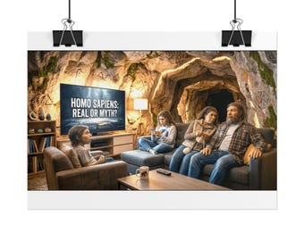 May include: A poster depicting a living room inside a cave with a television screen displaying the text HOMO SAPIENS: REAL OR MYTH? Three people sit on a grey sofa and armchair, while a wooden bookshelf and a coffee table with a mug are visible.