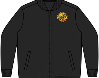 May include: A black zip-up bomber jacket with a ribbed collar, cuffs, and hem. On the left chest is a circular yellow and black hazard-striped patch featuring the text "Watch It Live! DANGER ZONE" and a small red YouTube logo icon.