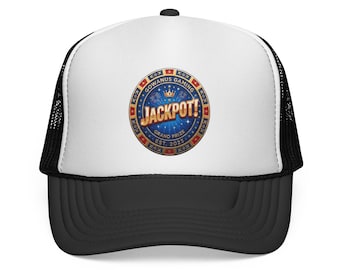 May include: A white and black trucker cap featuring a circular graphic on the front panel. The design includes the text GOWANUS GAMING, JACKPOT!, GRAND PRIZE, and EST. 2023, with a crown icon and firework patterns on a blue background.