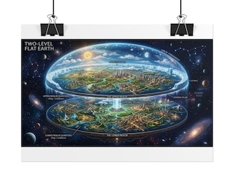 May include: A wall poster titled Two-Level Flat Earth depicting two stacked circular landmasses under a dome. Labels include Upper Realm, Lower Realm, Central Pillar, Great Firmament, and Antarctic Wall, set against a dark starry space background.