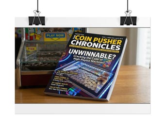 May include: A magazine titled The Coin Pusher Chronicles, Issue 1, Spring 2024, featuring a cover image of a coin pusher arcade machine with a teddy bear. The text reads Unwinnable? Cracking the Code of High-Payout Machines!