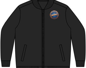 May include: A black zip-up bomber jacket with a ribbed collar, cuffs, and hem. The jacket features a circular patch on the upper left chest with a blue background, gold text reading JACKPOT!, and smaller text including LAS VEGAS NEVADA.