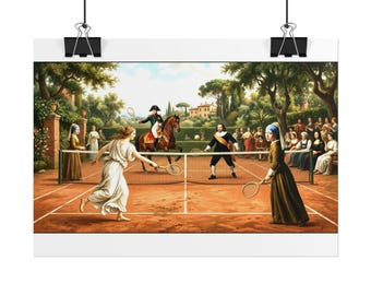 May include: A wall art print depicting a tennis match on a clay court featuring historical figures. A person in a white dress and another in a brown dress play tennis, while a figure on horseback and others watch from the sidelines.