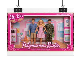 May include: A Barbie 3-doll starter set in a pink box labelled Polyamorous Barbie. The set includes a male doll in a blue shirt and tan shorts, a female doll in a pink and white striped dress, and a male doll in camouflage military uniform.