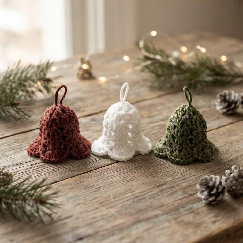 May include: Three crochet bell ornaments in rust brown, white, and olive green. Each bell features a scalloped bottom edge, a textured yarn stitch pattern, and a small loop at the top for hanging. The bells are arranged in a horizontal row.
