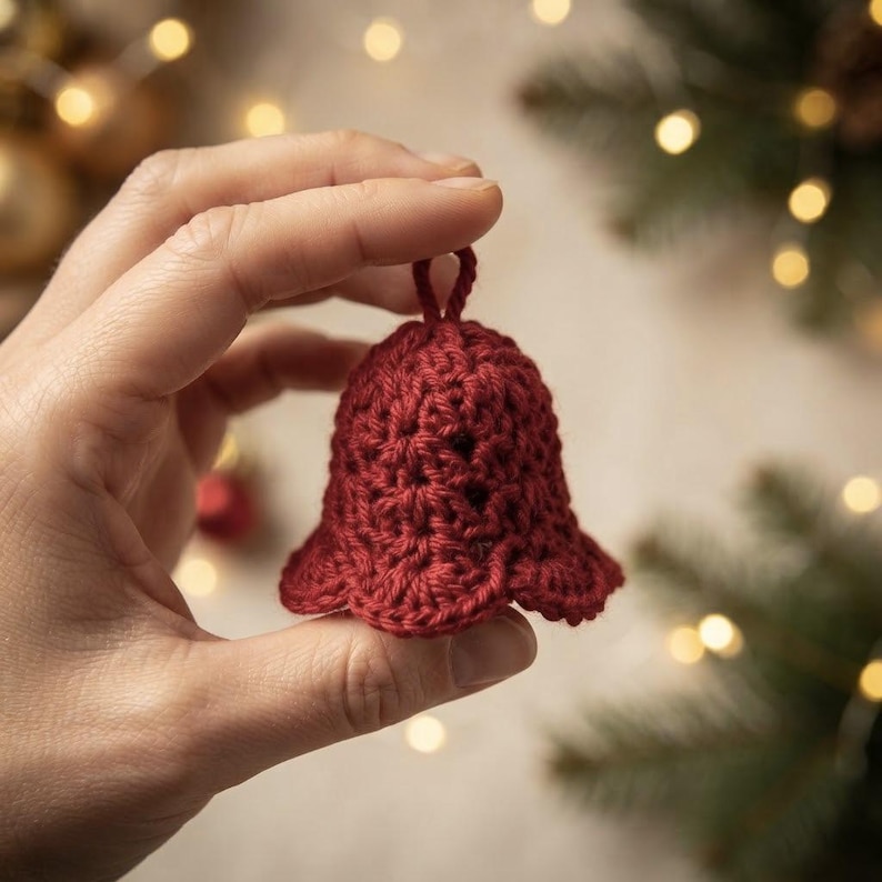 May include: A small, dark red crochet bell ornament featuring a textured, knotted yarn pattern and a matching loop at the top for hanging. The bell has a flared, scalloped bottom edge and is crafted from a single continuous piece of yarn.