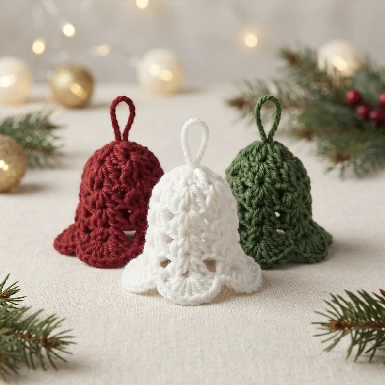 May include: Three crocheted bell ornaments in dark red, white, and forest green. Each bell features a textured, open-work stitch pattern and a small loop at the top for hanging. The bells are arranged in a row, showcasing their distinct colors.
