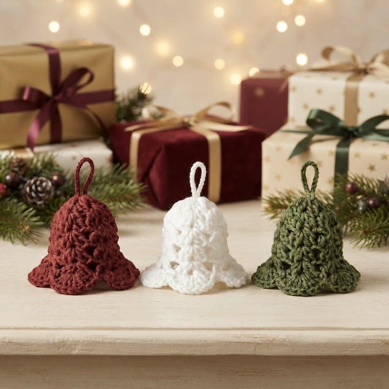 May include: Three crochet bell ornaments in dark red, white, and dark green. Each bell features a textured, open-stitch pattern and a small loop at the top for hanging. The bells are arranged in a row, showcasing their distinct colors and shapes.