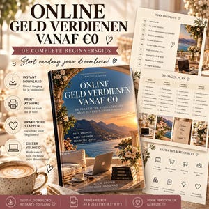 May include: A digital guide titled ONLINE GELD VERDIENEN VANAF €0 featuring a scenic coastal view, a laptop, and a stack of books. The document includes a 30-day plan, a table of contents, and extra resources, all presented in a clean, beige-toned layout.