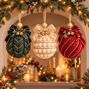 May include: Three spherical Christmas ornaments hanging from twine. The left is dark green with a braided knit texture, the centre is cream with a bobble knit pattern, and the right is red with a braided knit texture. Each features a bow and beads.
