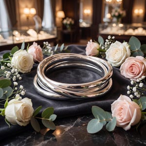 May include: A polished silver-toned interlocking bangle bracelet consisting of three smooth, rounded bands. The bracelet is displayed on a dark gray velvet fabric surrounded by white and pale pink roses with green eucalyptus leaves.