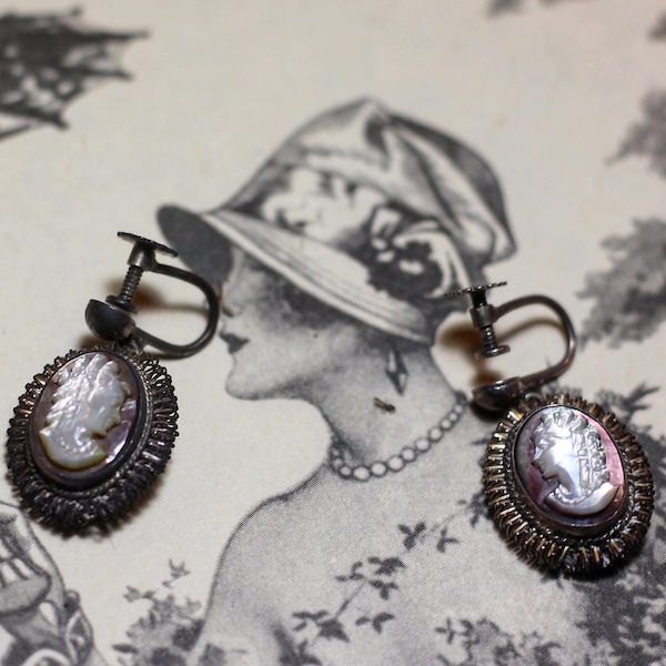 Antique Vintage 1930s European 800 sterling silver carved abalone shell mother of pearl cameo screw back earrings Victorian jewelry rainbow