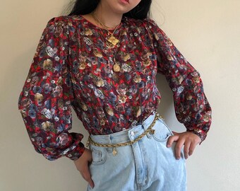 vintage 90s floral balloon sleeve silky shoulder pad blouse shirt puff sleeve babydoll French chic stripe red peonies rose poppy romantic