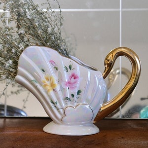 Vintage hand painted 24k gold floral swan porcelain ceramic pitcher vase iridescent romantic French art nouveau Hollywood regency Rococo