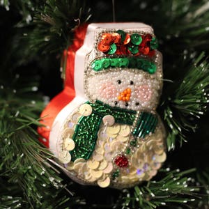 Vintage 1960s fully beaded sequined snowman satin box ornament treasure box box ornament