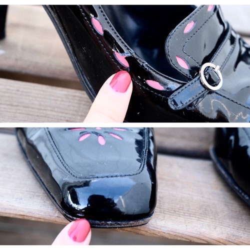 Vintage 90s 2000 2KY Dolce & Gabana square toe black and pink patent leather shops buckle loafer mules heels shoes vintage designer mod
