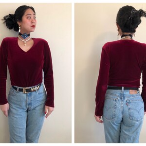 Vintage 90s  Eddie Bauer red velvet long sleeve V neck top minimalist chic French basic staple shirt egirl romantic Valentine&#39;s outfit
