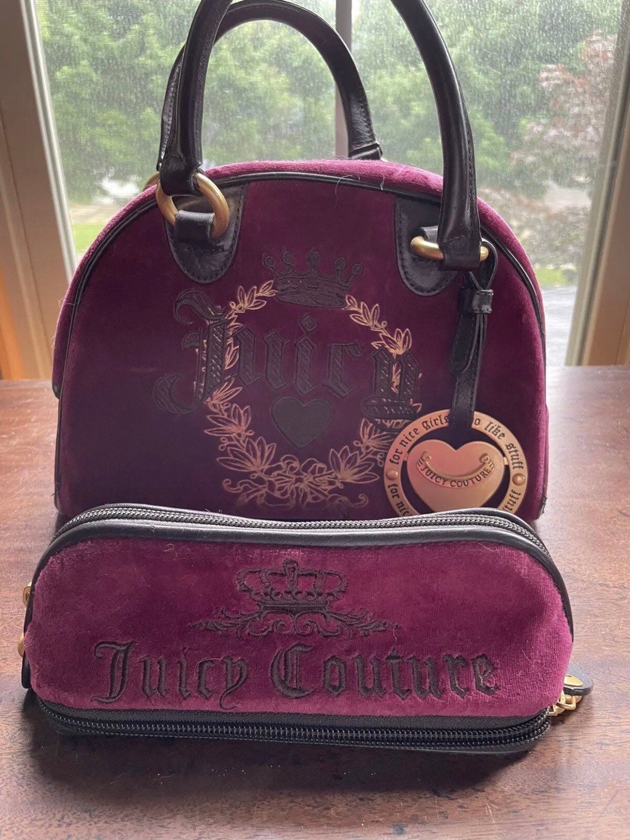 Rare Vintage Y2K 2000s Juicy Couture Bowler Velour Purse and Makeup Case  Set Burgundy Red Egirl Harajuku Authentic Velvet 