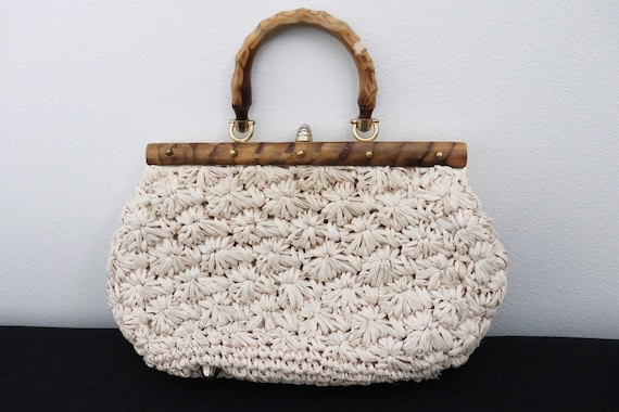 Vintage 1940s straw basket purse bag with wooden h