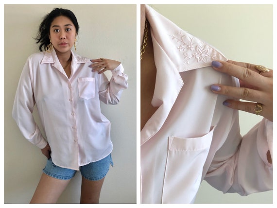 Vintage 90s 80s light pink silk button up shirt e… - image 1