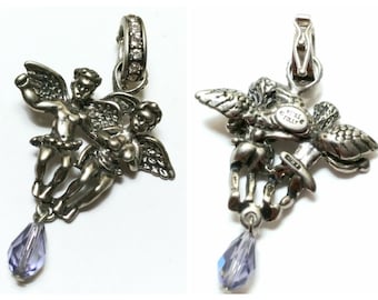 Vintage 90s Signed Kirks Folly sterling silver angles cherub pendant crystal drop Valentine charm collectible 2000s 90s