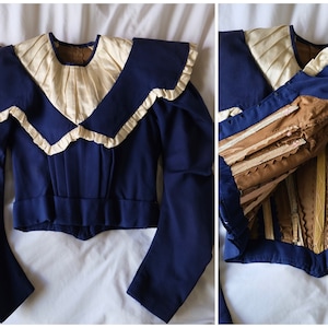 Antique 1870s Victorian boned bodice French wool white silk navy blue corset coat pleating ruffle collar ruched balloon mutton sleeves