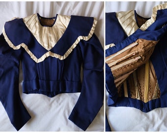 Antique 1870s Victorian boned bodice French wool white silk navy blue corset coat pleating ruffle collar ruched balloon mutton sleeves