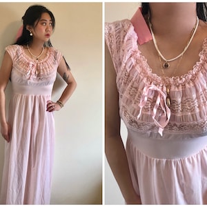 Vintage 40s 50s pink lace ruffle slip babydoll dress ribbon romantic chiffon tulle flowy French chic rococo cottagecore
