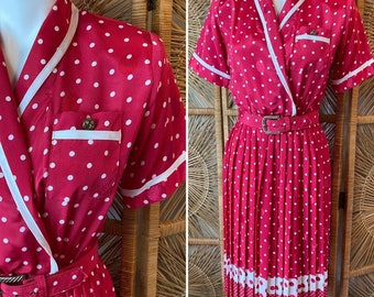 Vintage 80s does 30s Red satin Polka Dot Pleated pajamas Dress with belt Lady Carol Petits of New York