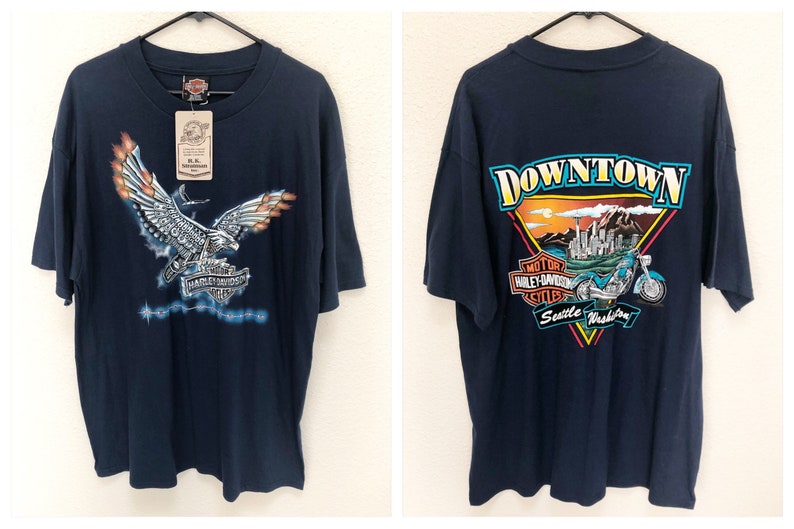 Vintage 1990s 1998 deadstock NWT Harley Davidson Seattle Washington skyline futuristic mechanic graphic tee eagle motorcycle XL navy blue