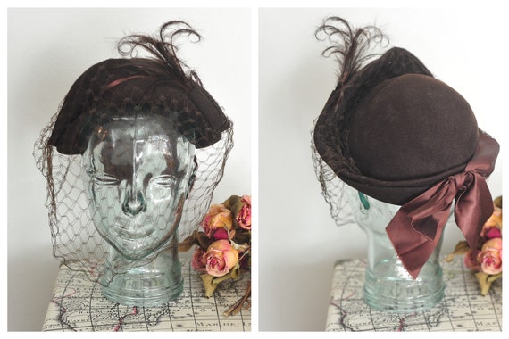 Rare vintage hat with mesh veil and feather in grey Rare Vintage Hat With Mesh Veil and Feather in Grey - Etsy main image 4