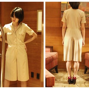 Vintage true 1940s beige tan French workwear shortsleeved flare shorts jumpsuit broilersuit romper button up pockets chic image 1