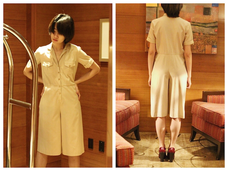 Vintage true 1940s beige tan French workwear shortsleeved flare shorts jumpsuit broilersuit romper button up pockets chic image 1