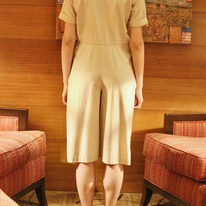 Vintage true 1940s beige tan French workwear shortsleeved flare shorts jumpsuit broilersuit romper button up pockets chic image 5