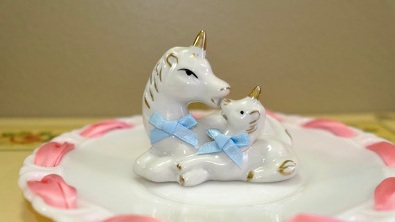Vintage 90s 1992 Porcelain Ceramic Unicorn Mother and Baby With