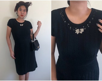 vintage 40s 50s knitted black sweater dress pearls rhinestone embellishment embroidery wool short sleeves crochet