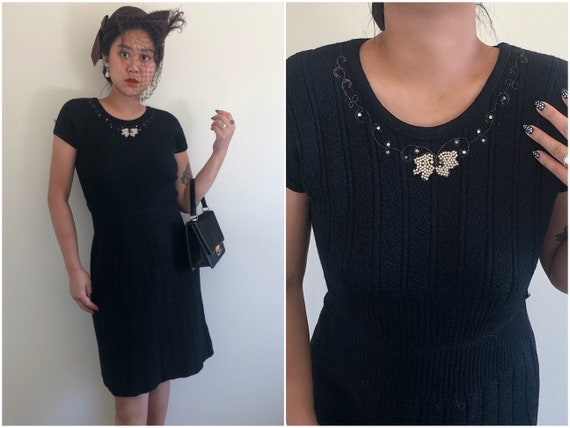 vintage 40s 50s knitted black sweater dress pearl… - image 1